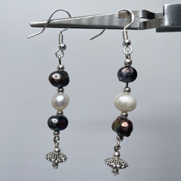 Artisan Silver Plated Dangle Earrings White Peacock Freshwater Pearl Beaded - Picture 4 of 7
